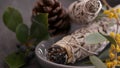 Dried white sage smudge stick, relaxation and aromatherapy. Smudging during psychic occult ceremony, herbal healing, yoga or aura Royalty Free Stock Photo