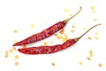 Dried Whole Red Chillies isolated on white background. Dried chili with seed isolated. Dried chilli isolated. Dry chili with seed Royalty Free Stock Photo