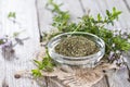 Dried Winter Savory in a bowl Royalty Free Stock Photo