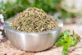 Dried Winter Savory in a bowl Royalty Free Stock Photo