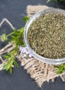 Dried Winter Savory in a bowl Royalty Free Stock Photo