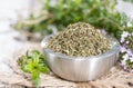 Dried Winter Savory in a bowl Royalty Free Stock Photo