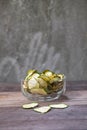 Dried zucchini in a wood bowl