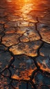 A driedup lake bed, cracks in the earth, under a scorching sun, showcasing the severity of heatwaves and droughts , advertise