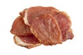 Drier pieces of pork, on a white background. Slices of dried meat.