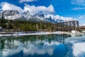 Drift ice floating on Bow River in early winter season sunny day morning. Canmore, Alberta, Canada. Royalty Free Stock Photo