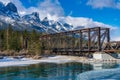 Drift ice floating on Bow River in early winter season sunny day morning. Canmore, Alberta, Canada. Royalty Free Stock Photo