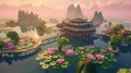 Drift through the tranquility of the Floating Lotus Isles . Generative Ai