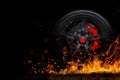 Drifting car wheel with smoke and fire isolated on a black background Royalty Free Stock Photo