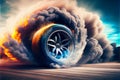 Drifting and fire smoking sport car tire with red breaks Royalty Free Stock Photo