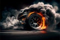 Drifting and fire smoking sport car tire with red breaks Royalty Free Stock Photo