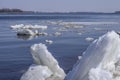 Drifting iceberg floes float on the water. Breaking of the ice on the river in the spring