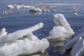 Drifting iceberg floes float on the water. Breaking of the ice on the river in the spring