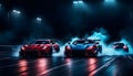 Drifting Sport Cars On Dark Background With Smoke. Supercar In The Smoke. Supercar In Motion. Digital AI