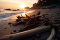 driftwood on the beach at sunset Royalty Free Stock Photo