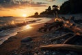 driftwood on the beach at sunset Royalty Free Stock Photo