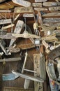 Driftwood boat signs hanging in an old building, Wallace Island, Gulf Islands, British Columbia