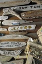 Driftwood boat signs hanging in an old building, Wallace Island, Gulf Islands, British Columbia