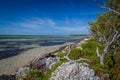 Driftwood and coral rocks surround edge of Bahia Honda bay