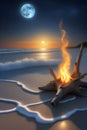 A driftwood fire crackles and hisses on a deserted beach, shimmering reflections on the gently lapping waves, moon, nature view