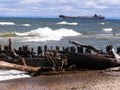 Driftwood on Lake Superior windy waves Royalty Free Stock Photo