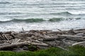 Driftwood piles on the shores of Ruby Beach in Olympic National Park in Washington State