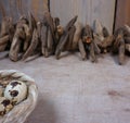 Driftwood and quail eggs on wooden background Royalty Free Stock Photo