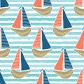 Cute driftwood sailboat on the blue ocean sea pattern. Marine water stripes seamless vector background. Sailing vessel