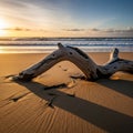The texture of the driftwood and sand is apparent, adding depth Royalty Free Stock Photo