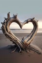 Driftwood in the shape of a heart washed ashore a desolate foggy beach