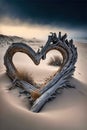 Driftwood in the shape of a heart washed ashore a desolate foggy beach