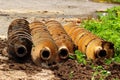 Drill augers with ground and dirt Royalty Free Stock Photo