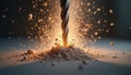 Drill bit drills concrete. Construction process with dust particles explosion. Close-up shot of tool in action shows power, Royalty Free Stock Photo