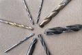 Different Types of Drill Bits. Old and worn-out drill bits in various sizes Royalty Free Stock Photo
