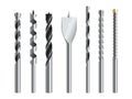 Drill bits metallic realistic set. Steel cutting tools in different shapes spade lip spur masonry twist