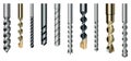 Drill bits set of steel or metal with different twist shapes. Collection professional nozzles for drill hammer or