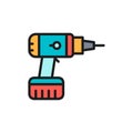 Drill, drilling machine, building tools flat color line icon.