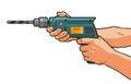 Drill in hand. Building, repair, housework, construction tool concept. Cartoon vector illustration