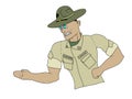 Drill Instructor angrily giving orders. US Marines. USMC boot camp. White background.