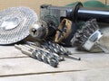 Drill machine and attachments - wire brush, hole saw, grinding circle and assorted bits