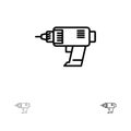 Drill, Power, Machine, Cordless, Electronics Bold and thin black line icon set