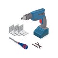 Drill, screwdriver. Isometric construction tools. Royalty Free Stock Photo
