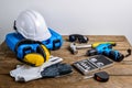 Drill and set of drill,tools,carpenter and safety, Protection Equipment Royalty Free Stock Photo