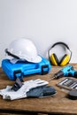 Drill and set of drill,tools,carpenter and safety, Protection Equipment Royalty Free Stock Photo