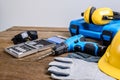 Drill and set of drill,tools,carpenter and safety, Protection Equipment Royalty Free Stock Photo