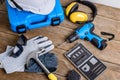 Drill and set of drill,tools,carpenter and safety, Protection Equipment Royalty Free Stock Photo