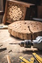Drill and work tools on table. Making insect hotel Royalty Free Stock Photo