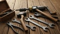 Drill wrenches pliers and a hammer with wooden handles are prominently Royalty Free Stock Photo