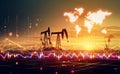 Drilling derricks silhouette from oil field at sunset with neon price charts and stock market information. Energy supply crisis Royalty Free Stock Photo