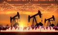 Drilling derricks silhouette from oil field at sunset with neon price charts and stock market information. Energy supply crisis Royalty Free Stock Photo